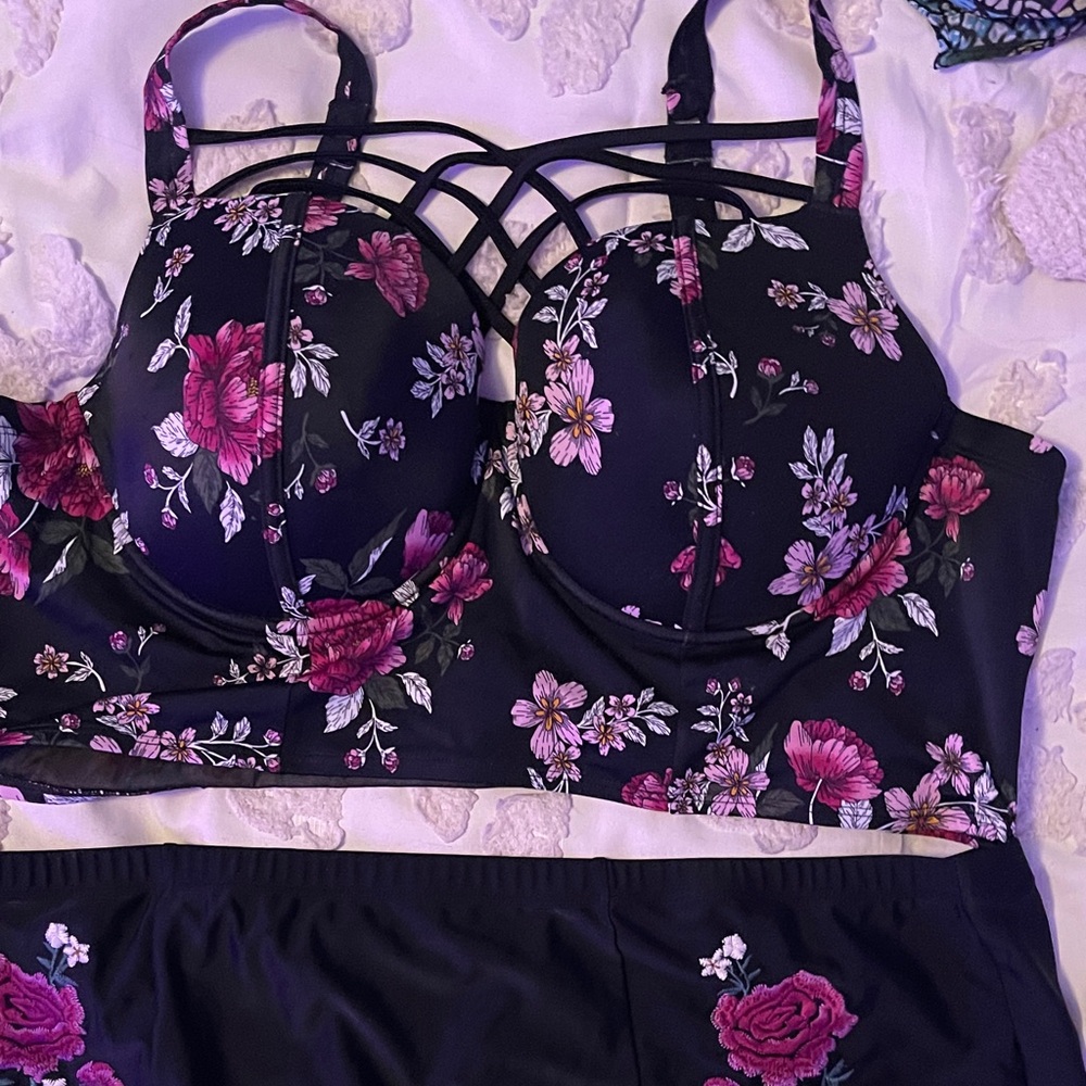 Torrid Black and Pink Floral Bikini Top